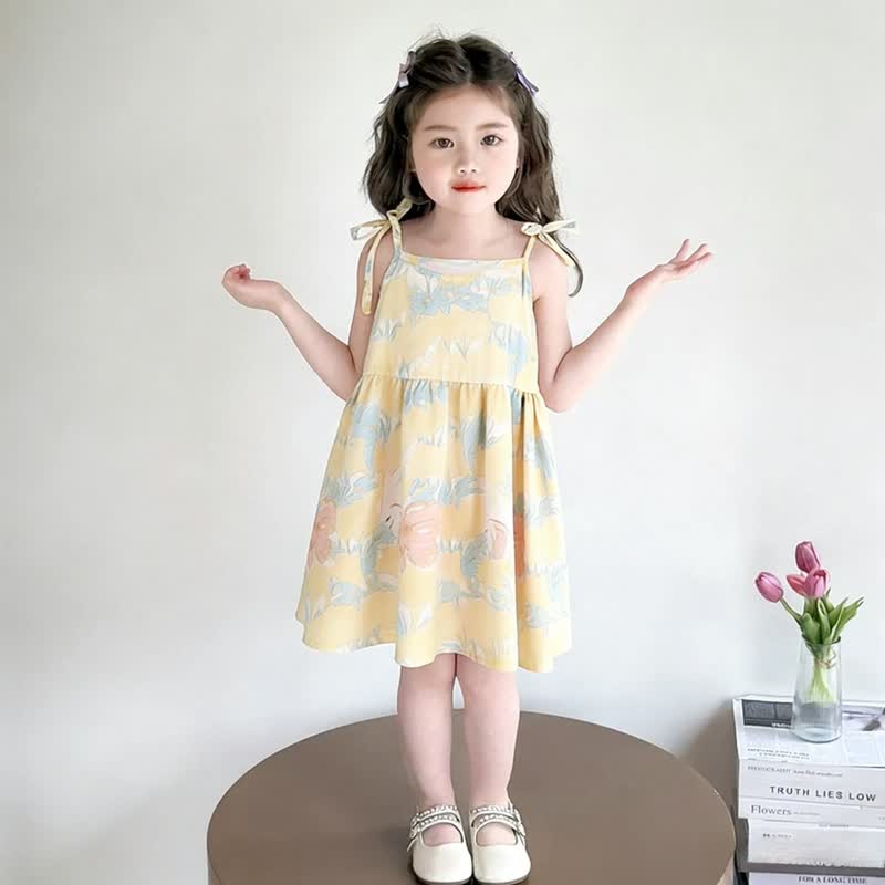 Toddler Girl Full Print Tie Strap Dress - Yellow Leaves - 10-11T - image 7