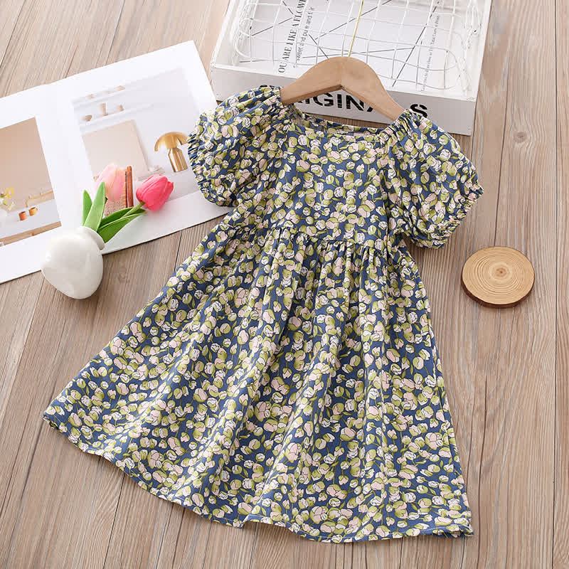 Toddler Girl Full Print Short Sleeve Dress - Blue Floral - 10-11T - image 8