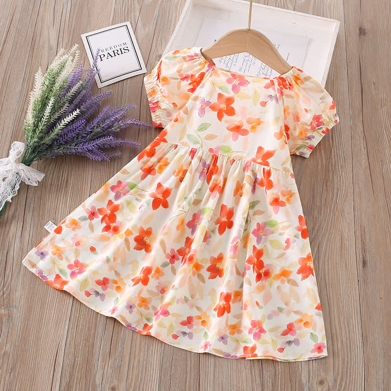Toddler Girl Full Print Short Sleeve Dress - Orange Flowers - 10-11T - image 9