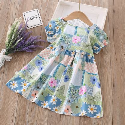Toddler Girl Full Print Short Sleeve Dress - Green Flowers - 10-11T - image 12