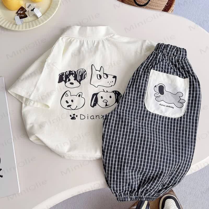 Toddler Boys Cartoon Dog Print Shirt and Gingham Pants 2 Piece Set - White - 4-5T - image 1