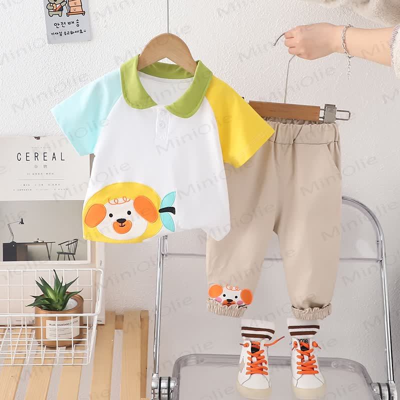 Toddler Puppy Print Polo Shirt and Pants 2 Piece Set - Beige - 4-5T - image 3