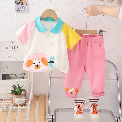 Toddler Puppy Print Polo Shirt and Pants 2 Piece Set - Pink - 4-5T - image 2