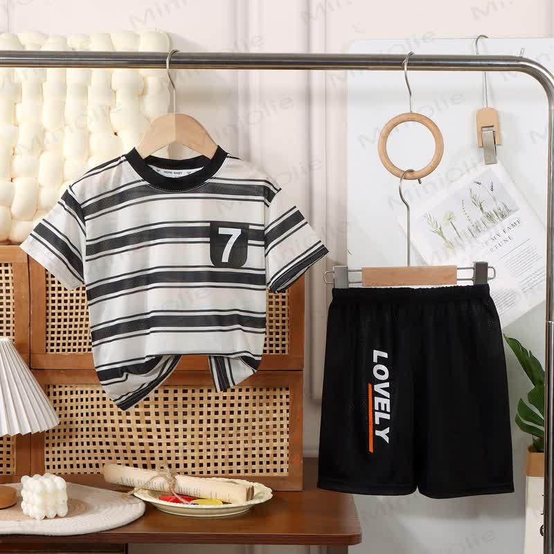 Toddler Kid Striped Print Tee and Shorts 2 Piece Set - Black - 10-11T - image 3