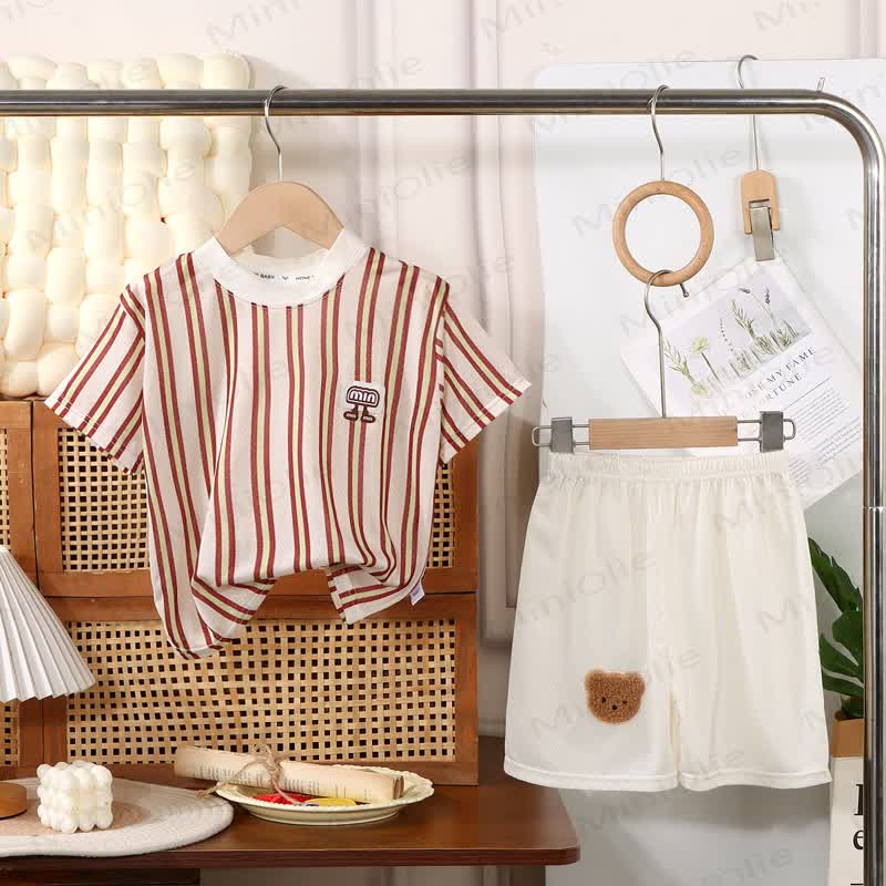 Toddler Kid Striped Print Tee and Shorts 2 Piece Set - Red - 10-11T - image 4