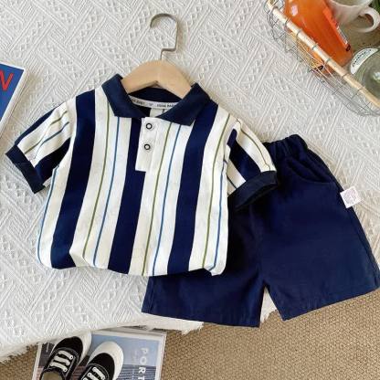 Baby Boys Striped Polo Shirt and Shorts 2 Piece Set - Navy - 4-5T - image 1