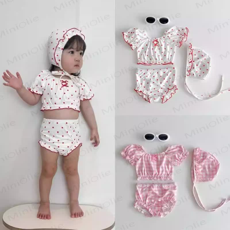 Baby Girls Polka Dot Ruffle 2-piece Swimwear Set with Swim Cap - image 1