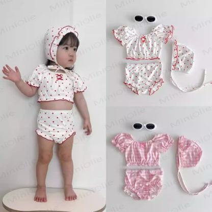 Baby Girls Polka Dot Ruffle 2-piece Swimwear Set with Swim Cap - image 1