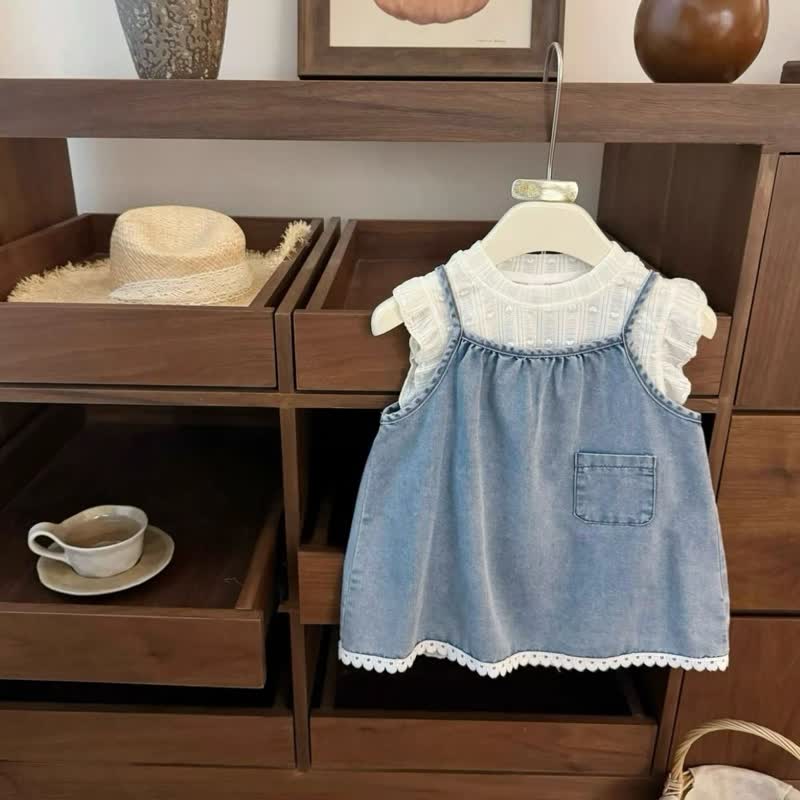 Toddler Baby Girl Ruffle Sleeve T-shirt and Denim Suspender Dress 2-piece Set - Blue - 6-7T - image 1