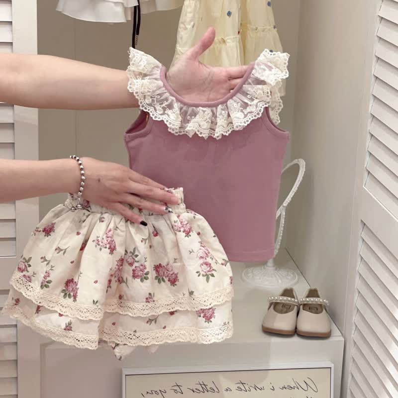 Toddler Girl Lace Collar Floral Vest and Skort 2-piece Set - Set - 8-9T - image 1
