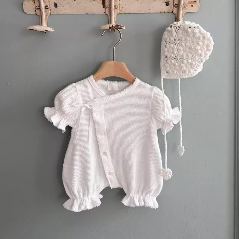 Baby Girls Cotton Bow Solid Color Puff Sleeves Bubble Legs Romper - White - 12-18M - image 2