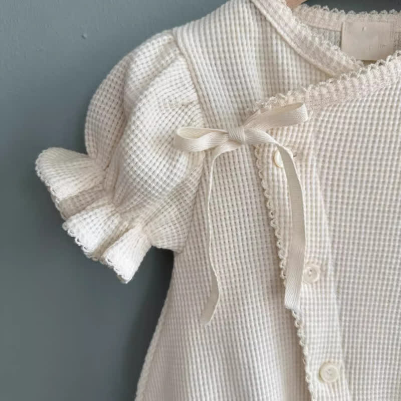 Baby Girls Cotton Bow Solid Color Puff Sleeves Bubble Legs Romper - image 3