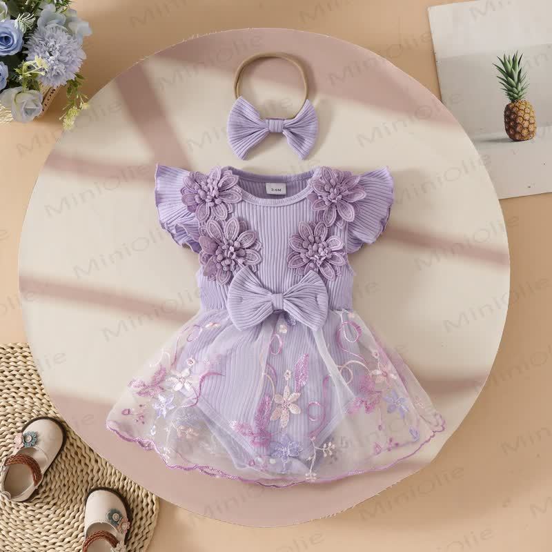 Baby Floral/Butterfly Tulle Skirted Bodysuit with Headband - Purple - 12-18M - image 26