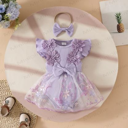 Baby Floral/Butterfly Tulle Skirted Bodysuit with Headband - Purple - 12-18M - image 26