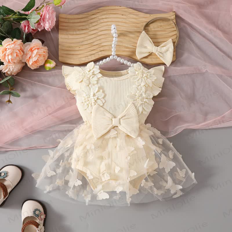 Baby Floral/Butterfly Tulle Skirted Bodysuit with Headband - Beige - 12-18M - image 9