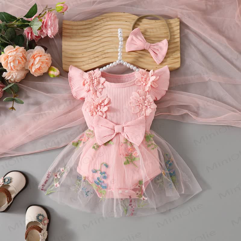 Baby Floral/Butterfly Tulle Skirted Bodysuit with Headband - Pink - 12-18M - image 1