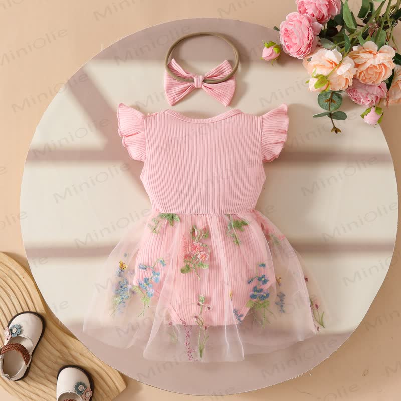 Baby Floral/Butterfly Tulle Skirted Bodysuit with Headband - image 2