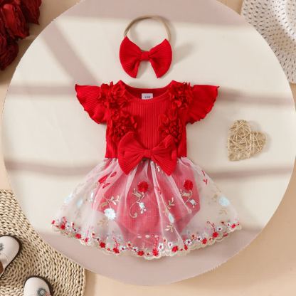 Baby Red Floral Tulle Skirted Bodysuit with Headband - Red - 12-18M - image 1