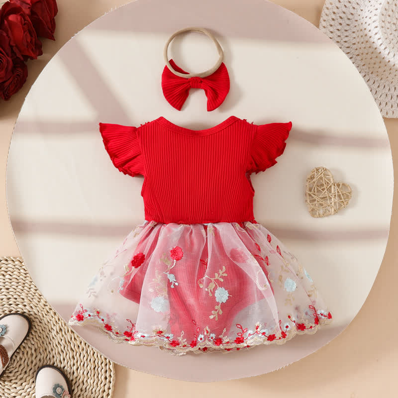 Baby Red Floral Tulle Skirted Bodysuit with Headband - image 2