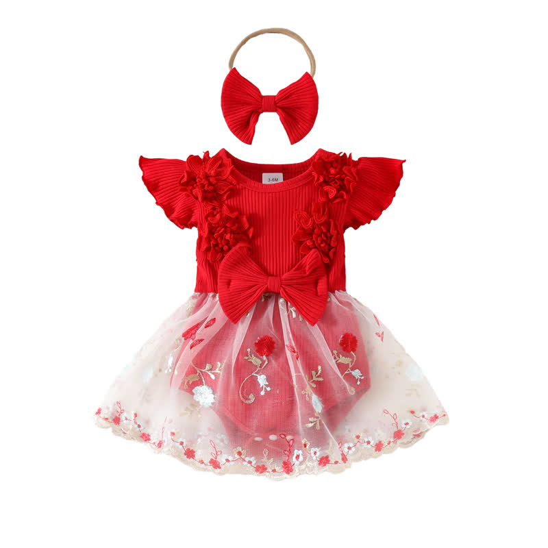 Baby Red Floral Tulle Skirted Bodysuit with Headband - image 9