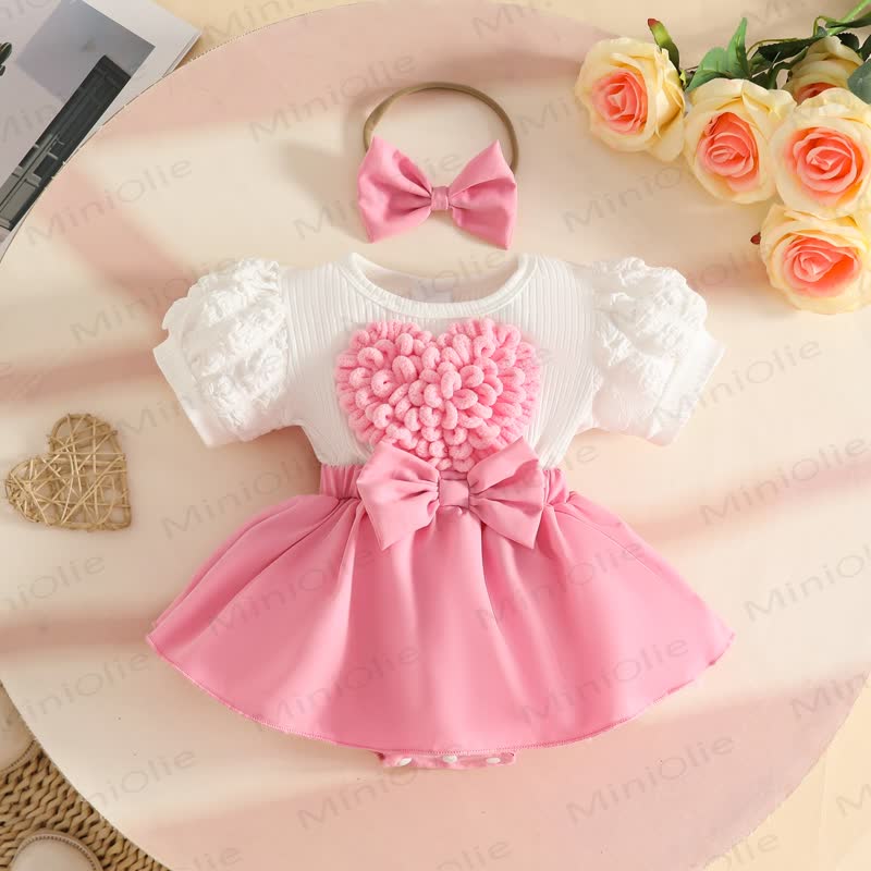 Baby Heart Ribbed Skirted Bodysuit with Headband - Pink - 12-18M - image 2