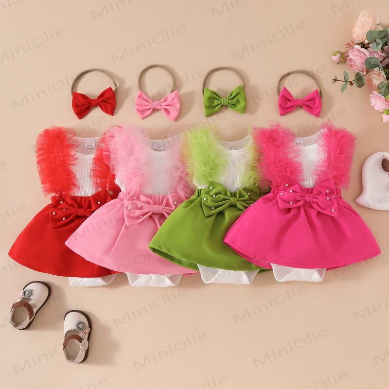 Baby Pearl Bow Tulle Skirted Bodysuit - image 1