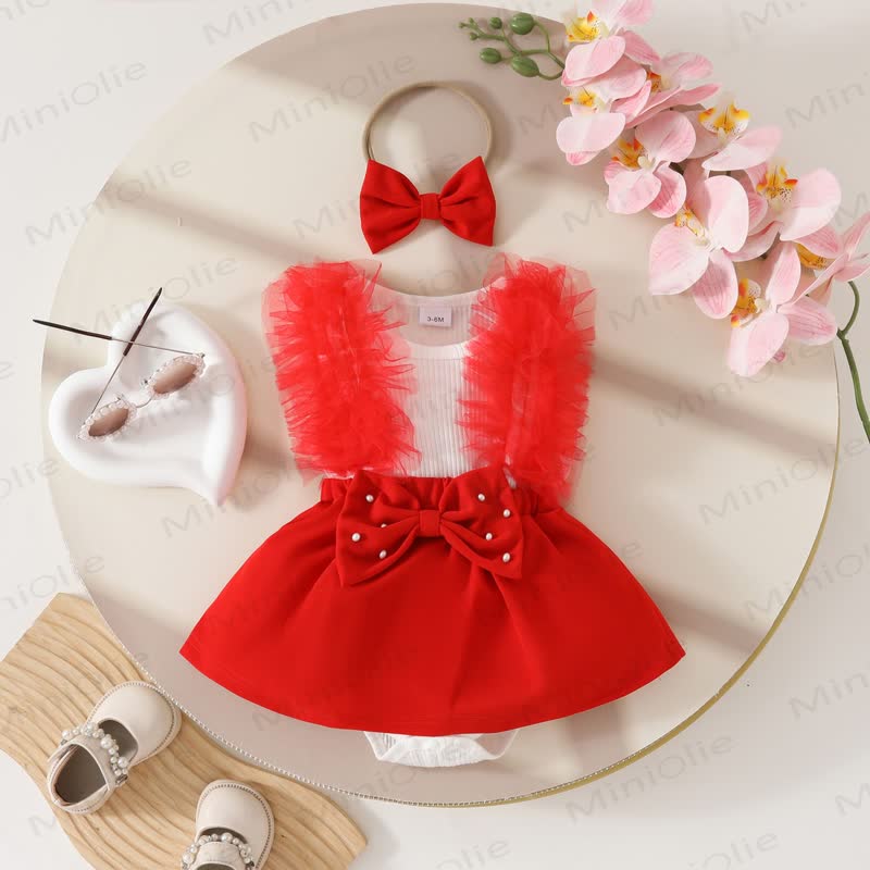 Baby Pearl Bow Tulle Skirted Bodysuit - Red - 12-18M - image 2