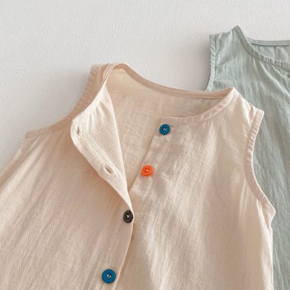 Baby Solid Color Airy Cotton Gauze Button Front Sleeveless Romper - image 5