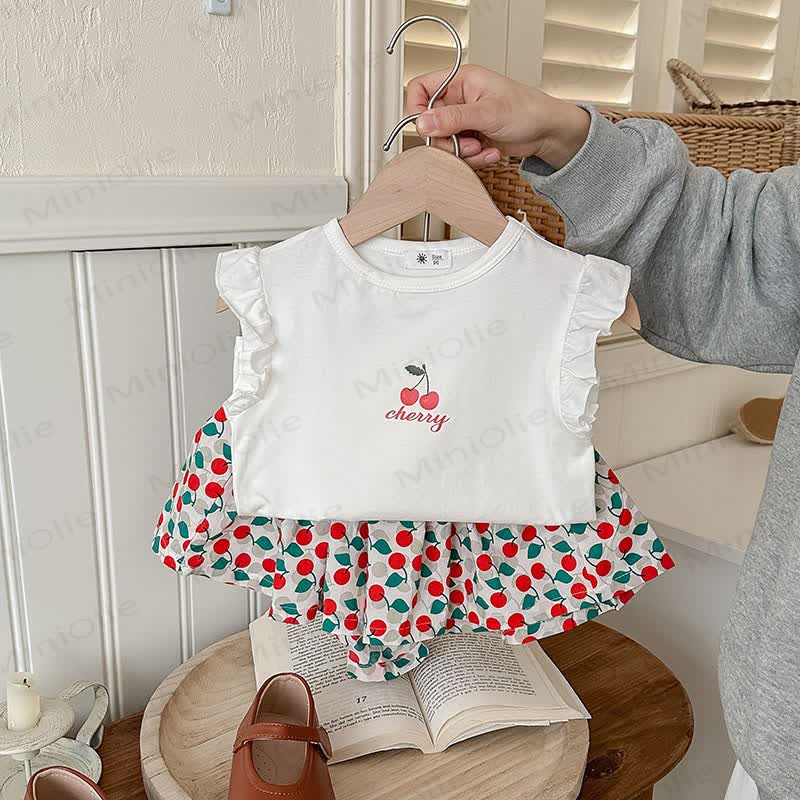 Toddler Girl Floral Fruit/Animal Print Sleeveless Set - White Cherry - 8-9T - image 3