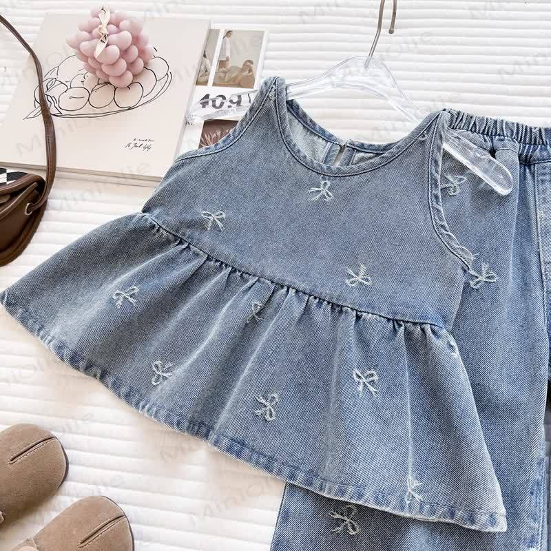 Toddler Girl Bow Embroidered Denim Peplum Pant Set - image 2