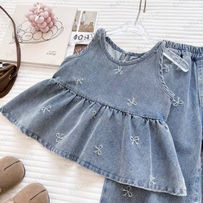 Toddler Girl Bow Embroidered Denim Peplum Pant Set - image 2