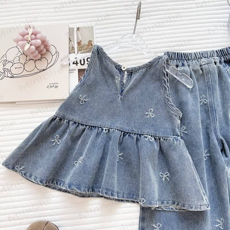 Toddler Girl Bow Embroidered Denim Peplum Pant Set - image 3