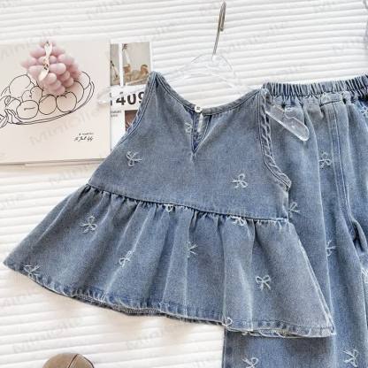Toddler Girl Bow Embroidered Denim Peplum Pant Set - image 3