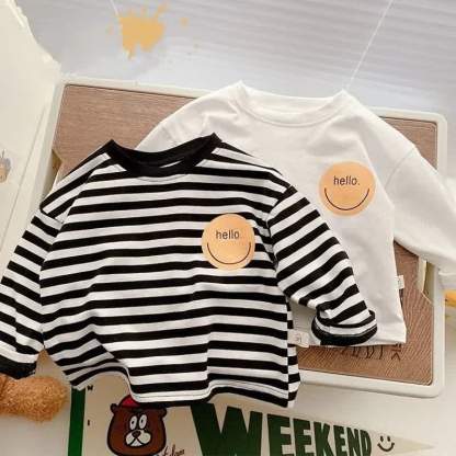HELLO Toddler Baby Smiley Face Solid Color/Striped Long Sleeve T-Shirt - image 1
