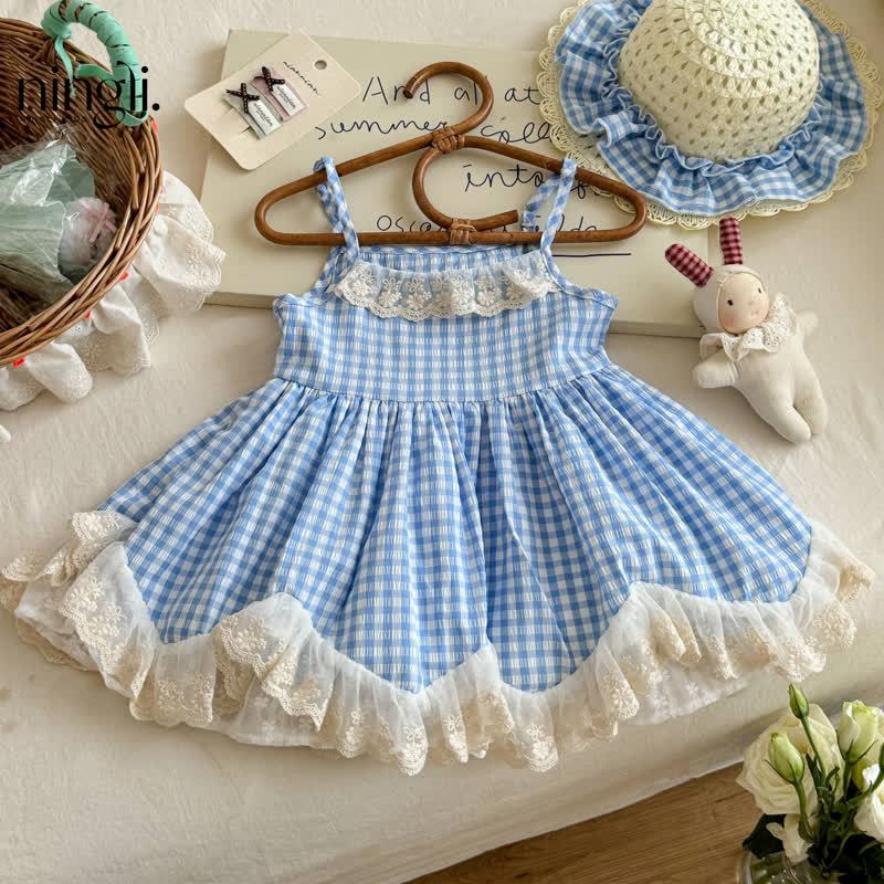 Toddler Girl Blue Plaid Lace Trim Tie-Strap Dress with Hat - Blue - 5-6.5T - image 1