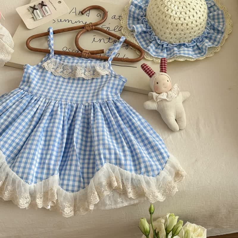 Toddler Girl Blue Plaid Lace Trim Tie-Strap Dress with Hat - image 3