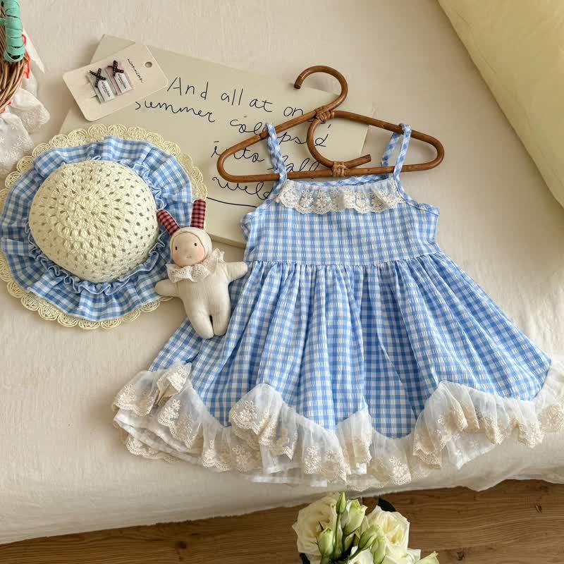 Toddler Girl Blue Plaid Lace Trim Tie-Strap Dress with Hat - image 2
