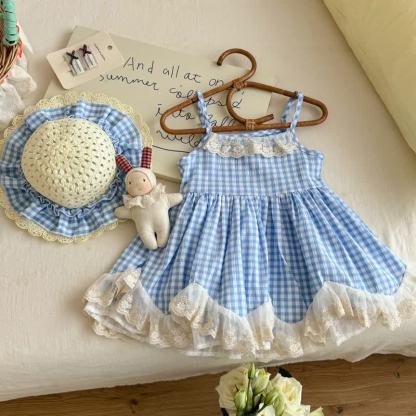 Toddler Girl Blue Plaid Lace Trim Tie-Strap Dress with Hat - image 2