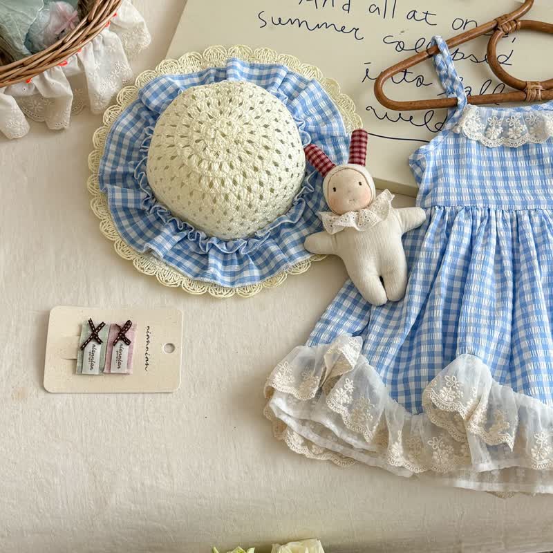 Toddler Girl Blue Plaid Lace Trim Tie-Strap Dress with Hat - image 4