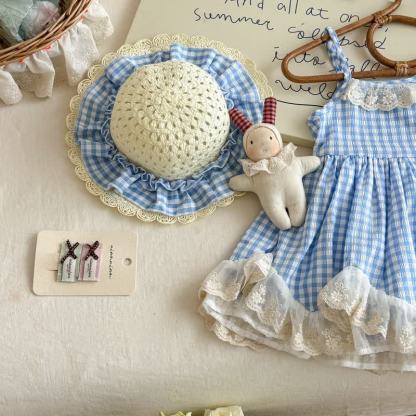 Toddler Girl Blue Plaid Lace Trim Tie-Strap Dress with Hat - image 4