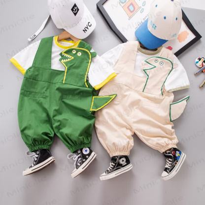 Baby Dino Tail Knit Tee and Suspender Shorts 2-piece Overalls Set - image 1