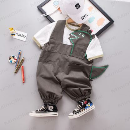 Baby Dino Tail Knit Tee and Suspender Shorts 2-piece Overalls Set - Gray - 4-5T - image 3