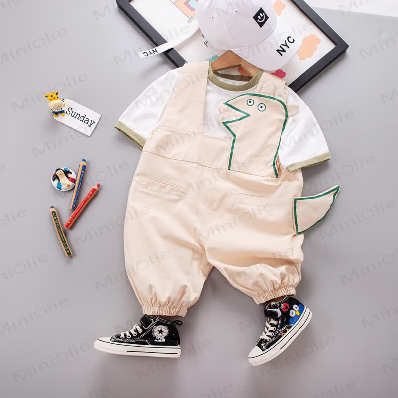 Baby Dino Tail Knit Tee and Suspender Shorts 2-piece Overalls Set - Beige - 4-5T - image 4