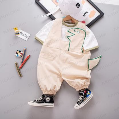 Baby Dino Tail Knit Tee and Suspender Shorts 2-piece Overalls Set - Beige - 4-5T - image 4