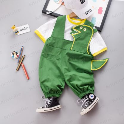 Baby Dino Tail Knit Tee and Suspender Shorts 2-piece Overalls Set - Green - 4-5T - image 2