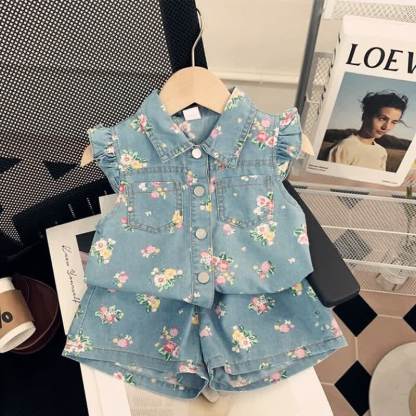 Toddler Girl Denim Floral Sleeveless Set - Big Flower - 8-9T - image 1