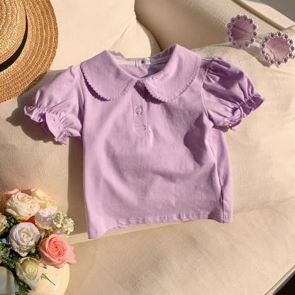 Toddler Girl Solid Color Peter Pan Collar Tee - Purple - 8-9T - image 5