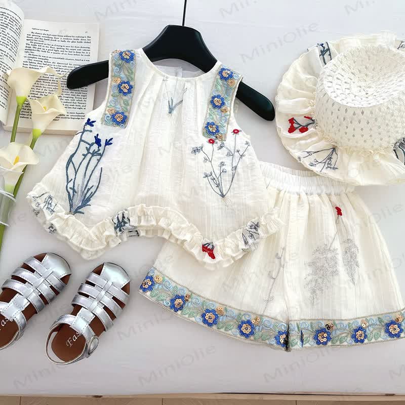 Toddler Girl Floral White Sleeveless Set  - White - 10-11T - image 1