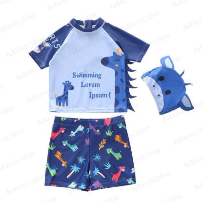 Toddler Boys Cartoon Animal Rash Guard Swimwear 2-piece Set with Swim Cap - Navy - 4-5T - image 4