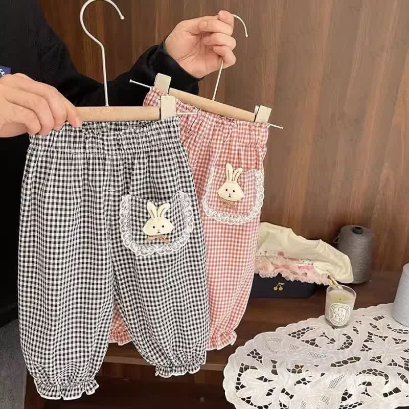 Toddler Girls Bunny Embroidery Gingham Ruffle Cuff Casual Pants - image 1